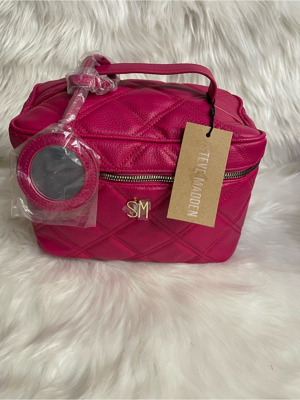 Steve Madden Quilted Hot Pink Cosmetic Bag with Top Handle